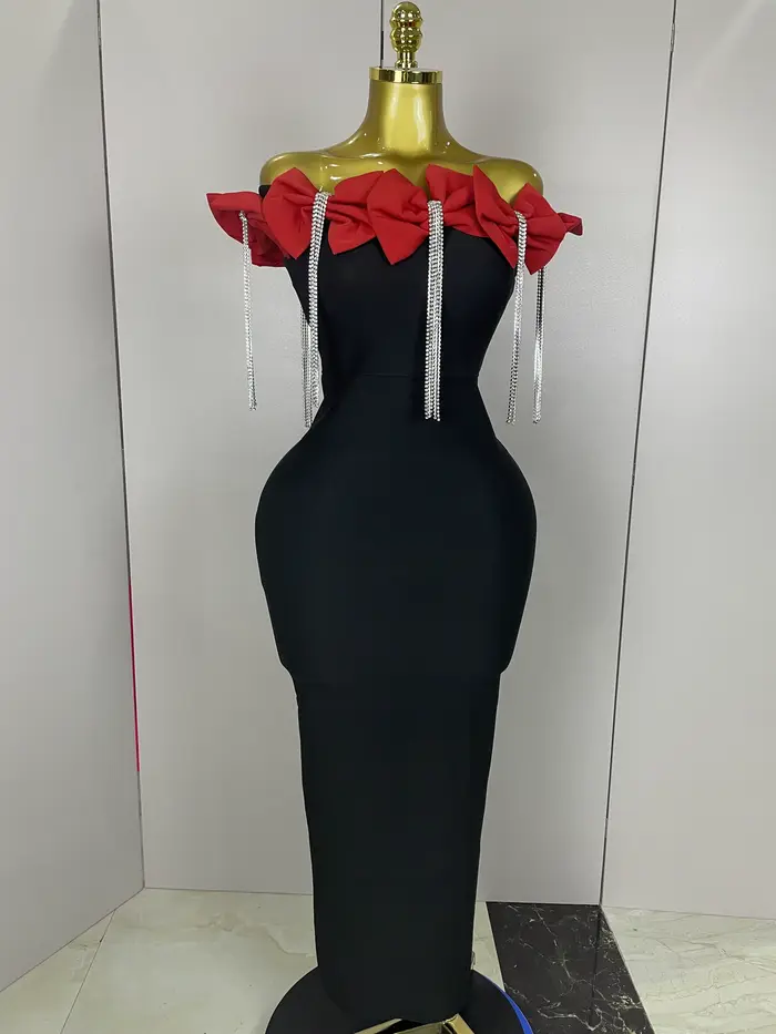 2025 ženy celebrít sexy odhalené rameno kvetina diamanty čierna motýlik maxi dlhá XL elegantná šaty na obväz s