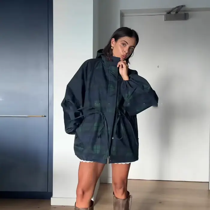 Veste rétro à carreaux pour femme, col montant, cordon de serrage à la taille, coupe-vent court à ca