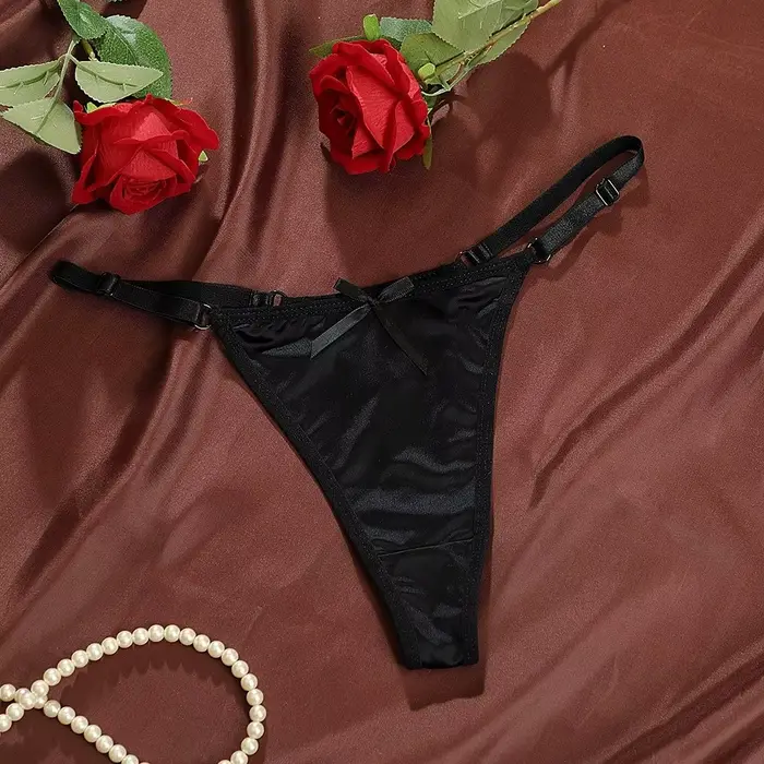 String ajustable taille basse en satin transparent avec nœud, culotte brodée transparente, lingerie féminine, culotte romantique en T pour femme