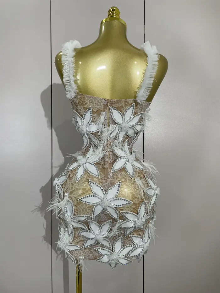Sexy brillant diamant fleurs plumes blanc Transparent Slip robe courte soirée bal célébrer anniversa