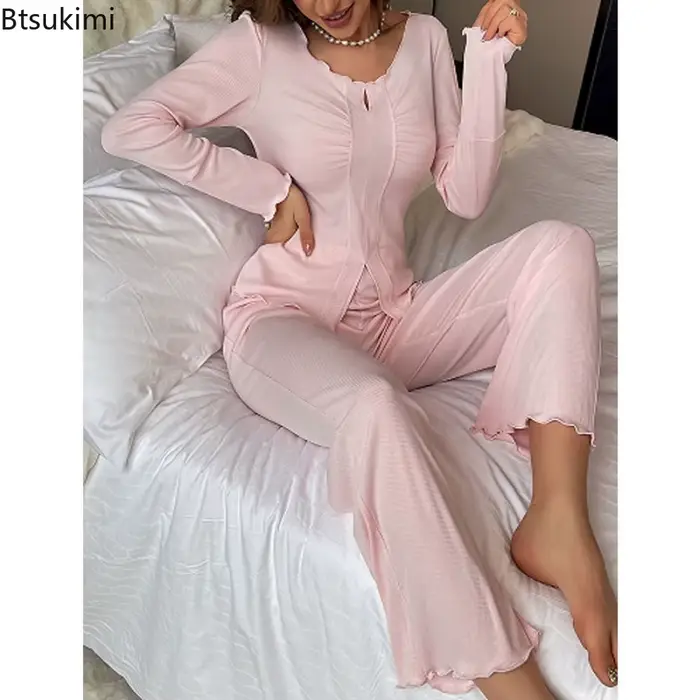 Sexy pyžamový set pre ženy, V-neck, skladaný, s dlhými rukávmi, top a high-end nohavice, ležérne oblečenie, 2 kusy, jar-pád