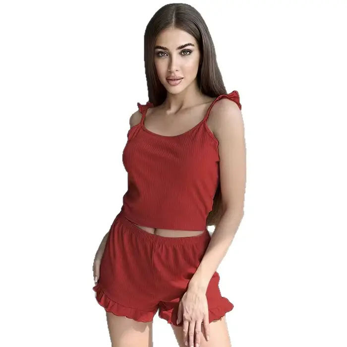 Ensemble de pyjama côtelé pour femme, haut de pyjama à bretelles volantées et short, deux pièces, tenue de nuit estivale mignonne, vêtements de détente avec bordure festonnée, tenue sexy