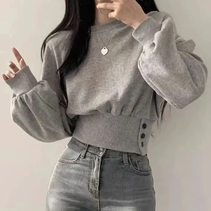 Haut court à col rond pour femme, couleur unie, manches lanternes, avec boutons, pull sportif Hip-Ho