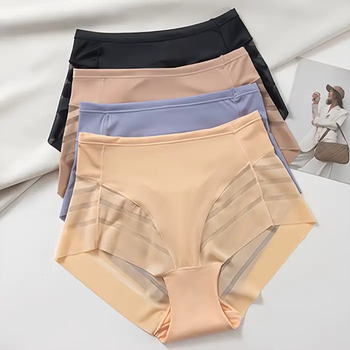 Slip taille moyenne pour femmes, culotte sans couture, maille transparente, haute élasticité, contrôle du ventre, sous-vêtements en soie glacée, Lingerie Sexy