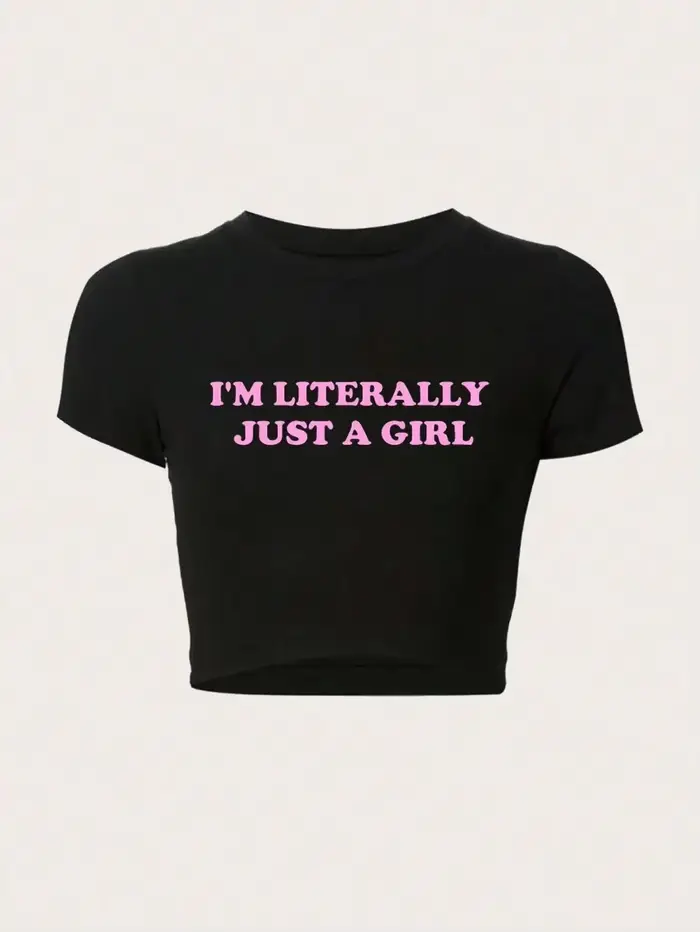T-shirt col rond femme, court, en coton, serré, à la mode, avec lettres imprimées, I'm Niche Ally, J
