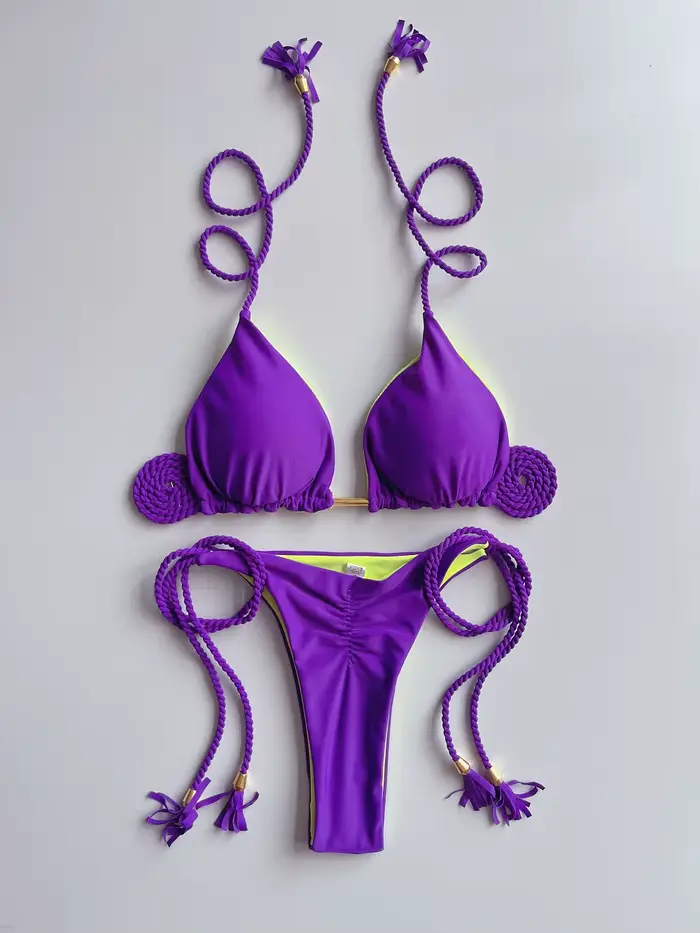 Sexy jednofarebné dvojdielne trojuholníkové bikiny pre ženy s pletenou šnúrkou