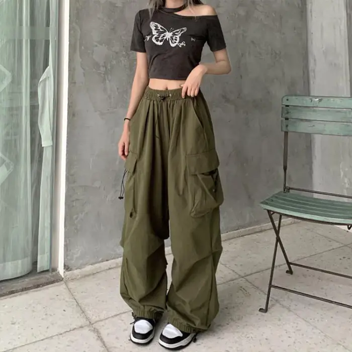 Pantalon Cargo Baggy décontracté pour femmes, couleur unie, taille basse, jogging, Tech, cordon de s