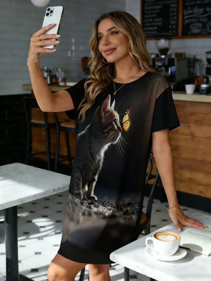 Chemise de nuit pour femmes, col rond, manches courtes, printemps-été, imprimé chat et papillon rêve