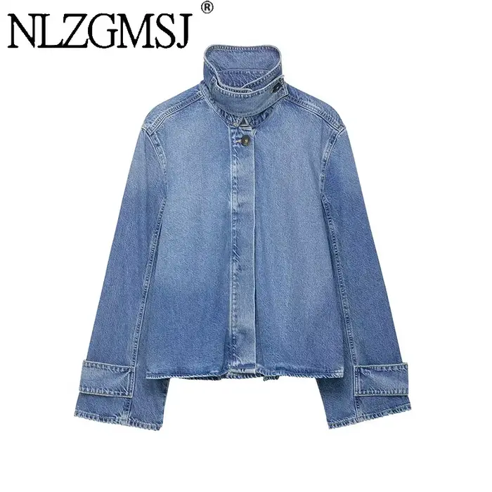 Vestes en jean décontractées à col montant et manches longues pour femme, nouvelle collection Printe