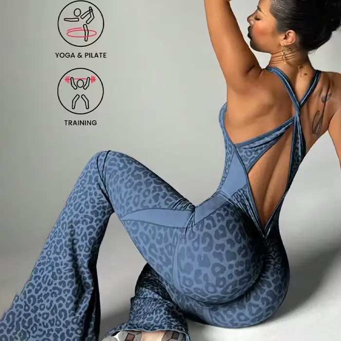 Nové body tlačené leopard ženy bezšvíkové rozšírené nohavice neoprény Sexy jeden kus Fitness oblek kríž späť úsek jóga neoprény