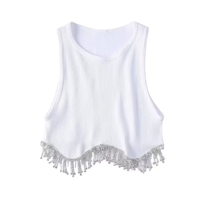 T-shirt à tricoter en perles de diamant pour femmes, débardeurs courts Chic Camis, gilet mince, haut