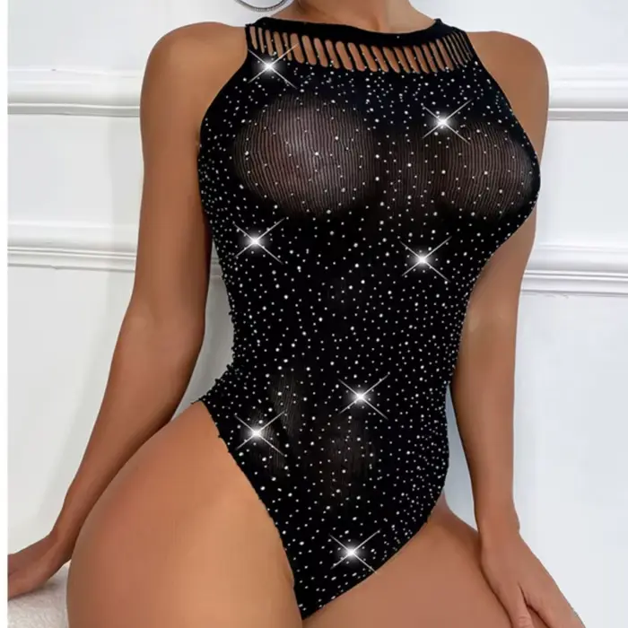 body čierna rybárska sieť s trblietavými kamienkami, Sexy spodná bielizeň pre ženy, letné priehľadný pletené kombinézy, pančuchy Porno