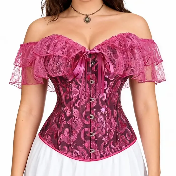 Štýlové žlté žakárové a čipkové korzety, vykostené volániky, sexy top, overbust, vinobranie oblečenie, gotické bustier pre viktoriánske ženy y2k
