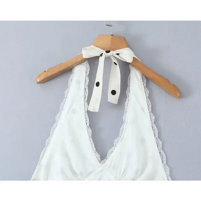 YENKYE dentelle épissé à pois Robe licou femmes élégant a-ligne Mini Sexy dos nu robes Robe d'été 20