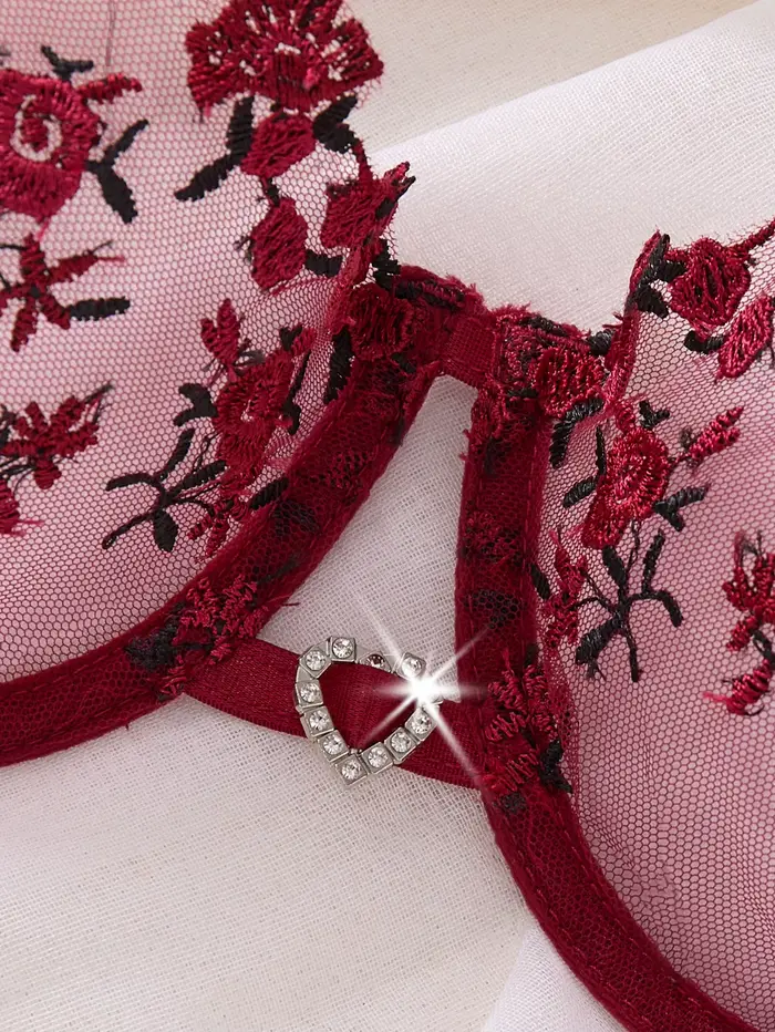 Ensemble de lingerie en dentelle brodée florale de style français rouge bordeaux, soutien-gorge transparent sexy et pur désir, pour la Saint-Valentin ZA824026