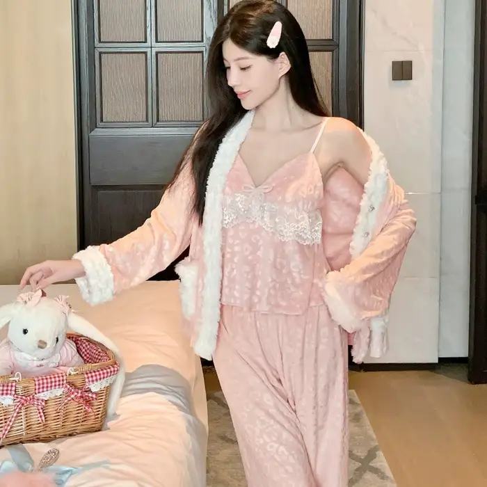 Sexy pyžamo pre ženy, 3-dielna súprava z obojstranného zamatu