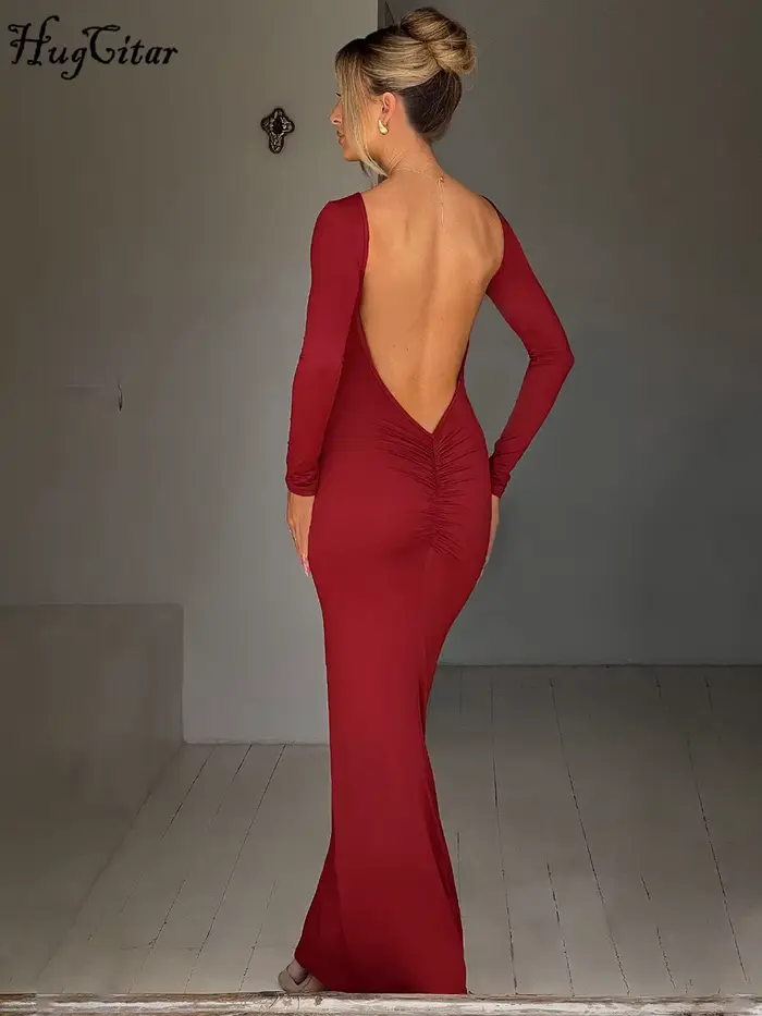 Hugcitar jarné elegantné dlhé rukávy odhalený chrbát pevný nariasený Sexy obtiahnutá Maxi plesová šaty pre ženy večerné oblečenie Festival Y2K