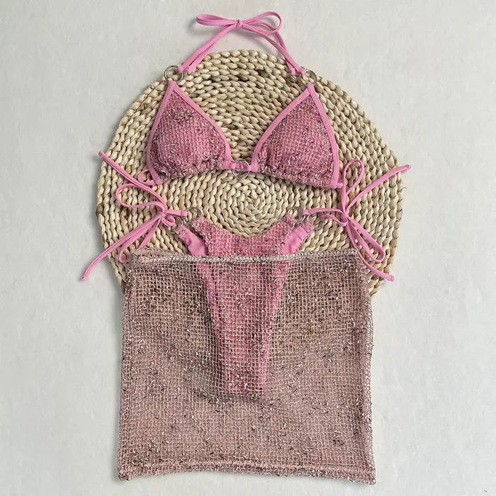 DEBAIOR 3-dielna súprava Bikiny Push Up Sexi plavky pre ženy s lesklou sukňou