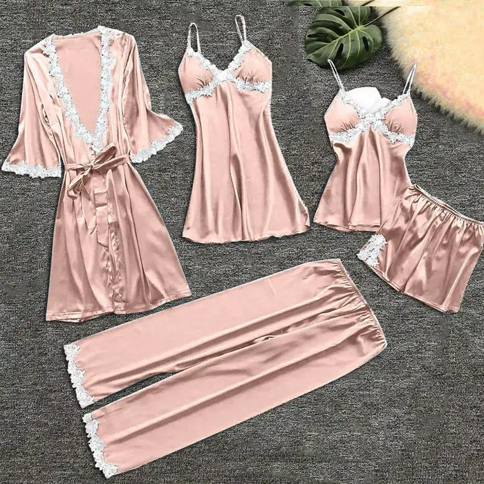 Sous-vêtements pour femmes, ensemble chemise de nuit Sexy, 5 pièces, jarretelles, Lingerie, Robes, b