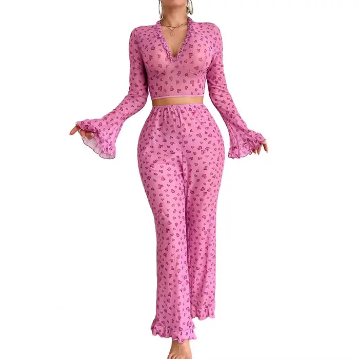 Dámske 2-dielna pyžamo set, srdcová potlač, prešívaný lem, ležadlo, dlhý rukáv, V-neck, košeľa a nohavice, na Valentína