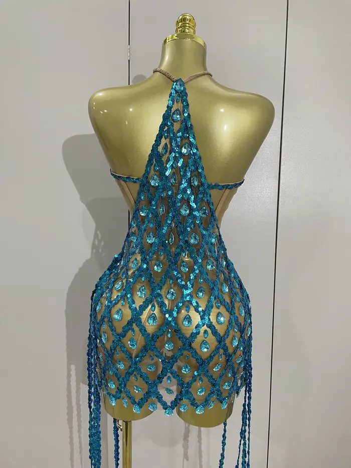 Ensemble deux pièces Transparent en maille de diamant pour femmes, Sexy, paillettes scintillantes, r