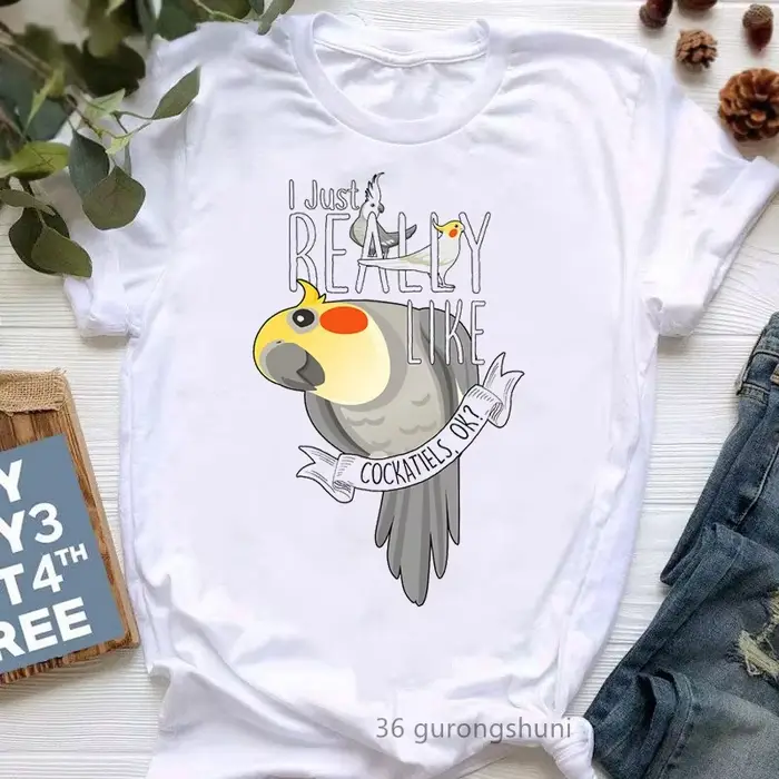 T-shirt imprimé graphique pour femme, joli t-shirt perroquet, blanc, manches courtes, j'aime vraimen