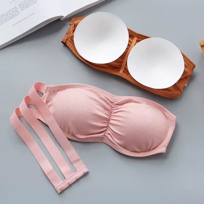 Soutien-gorge bandeau côtelé sans bretelles pour femme, anti-dérapant, froncé, coussinets amovibles respirants, crochets dorsaux réglables, occasion spéciale invisible sous-vêtement
