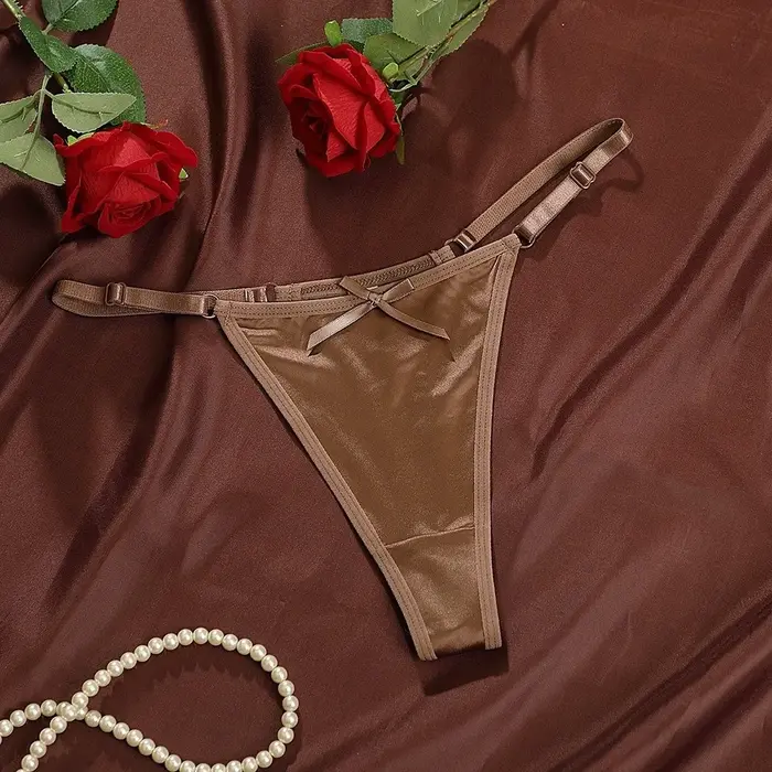 String ajustable taille basse en satin transparent avec nœud, culotte brodée transparente, lingerie féminine, culotte romantique en T pour femme