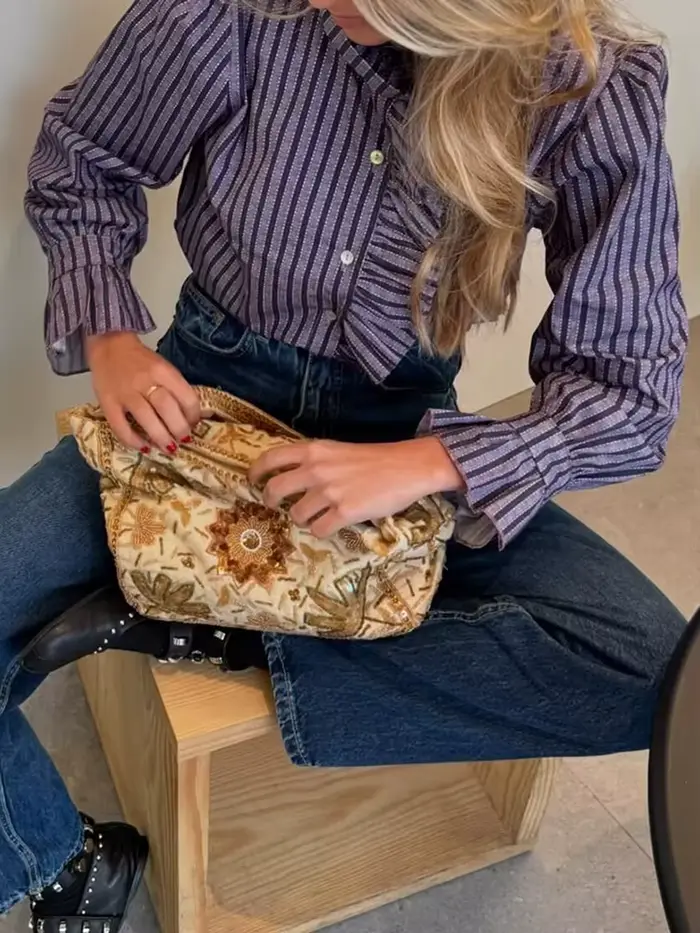 Doux femmes volants Plaid violet chemises 2025 mode dames décontracté col montant Blouses pour fête 