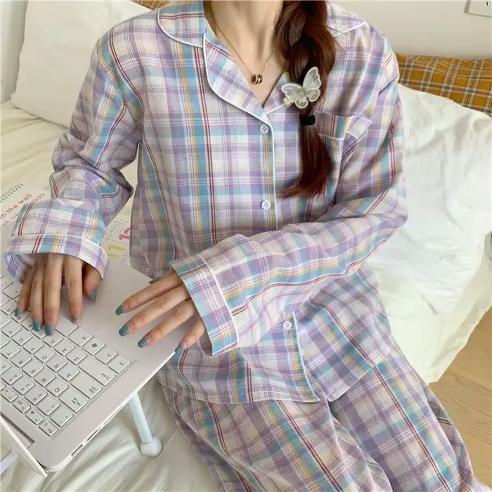 Dámske pyžamo na jeseň a zimu s dlhým rukávom mäkké nočné oblečenie Homewear dvojdielny set ženy Plaid ležérne