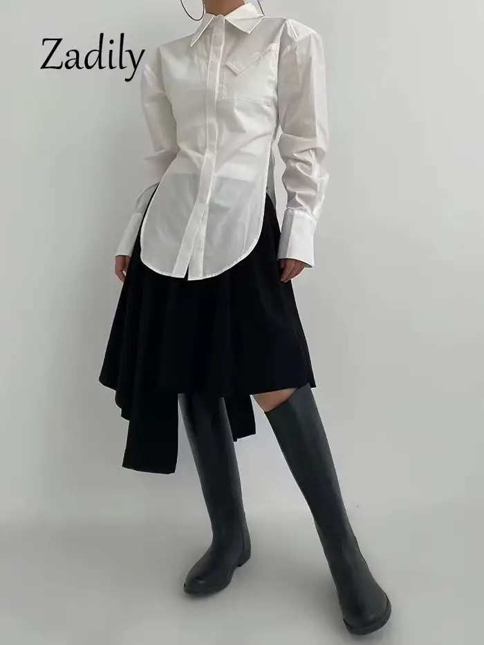 Zadily jeseň 2025 nové streetwearové dlhé rukávy biela košeľa pre ženy minimalistické vrecko gombíková dámska tunika