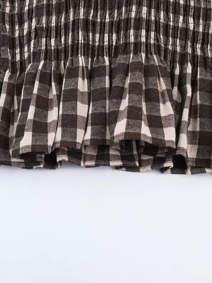 Nlzgmsj 2025 Vintage Chic hnedá kockovaná košeľa pre ženy s dlhým rukávom Blúzka s riasením ležérny elegantný top