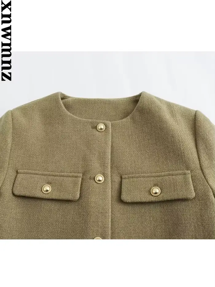 XNWMNZ-Veste courte vintage à col rond pour femme avec poche à rabat, blazer femme polyvalent, manch