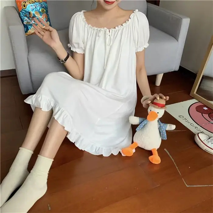 Ročník biela krátky rukáv nočná košeľa pre ženy, princezná Lolita nočná košeľa, letné volániky, uzlík, monochromatický, mäkké Kawaii