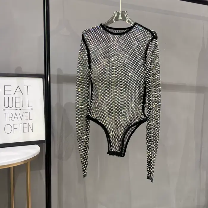 Combinaison en résille à paillettes brillantes, Sexy, transparente, à la mode, pour dames, boîte de nuit, fête, Fiber de Polyester, manches longues, haute élasticité