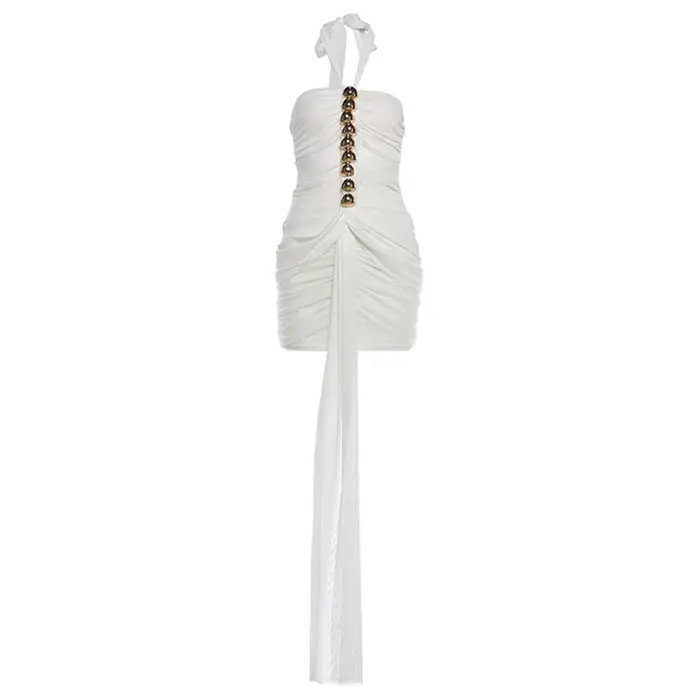 HLJ Robe moulante sexy à col licou pour femme, en maille unie transparente, sans manches, dos nu, po