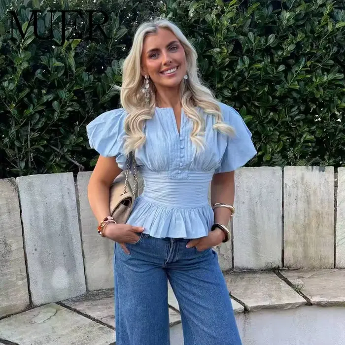 Chemisier en polyester Mujer à manches bouffantes avec volants pour femmes de style chic des prairies occasions estivales et spéciales