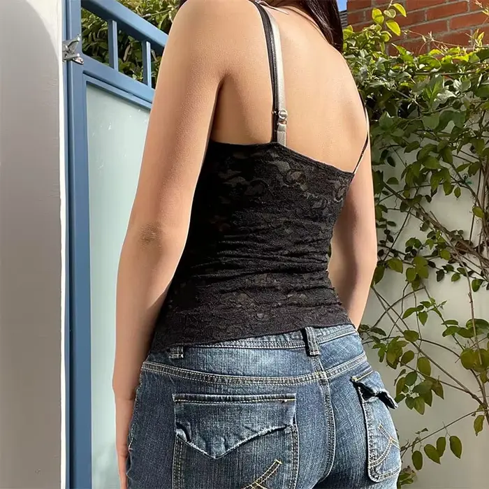 Čierne priehľadné čipky krátke Cami pre ženy, letné oblečenie Y2K, sexy tielko V-Neck, estetické gotické tričká z roku 2000