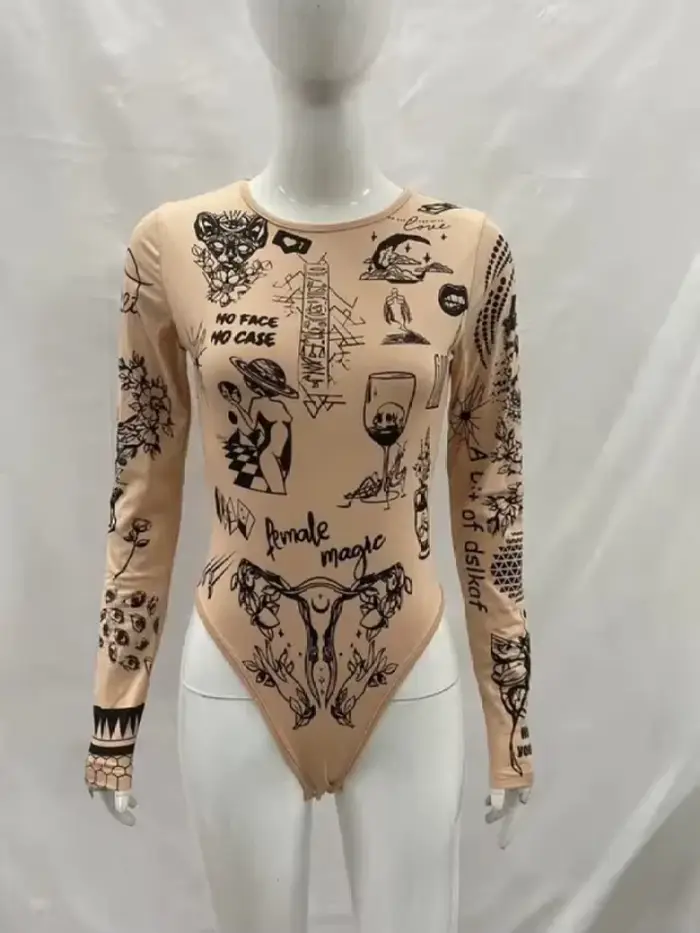 Dlhorukávové body s potlačou tetovania nude pre ženy, Y2K strih