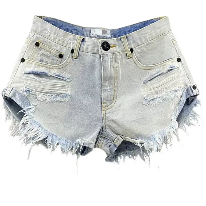 Shorts en denim déchirés JCLOTHZI baby blue décontractés pour femmes avec fermeture bouton volant pour l'été