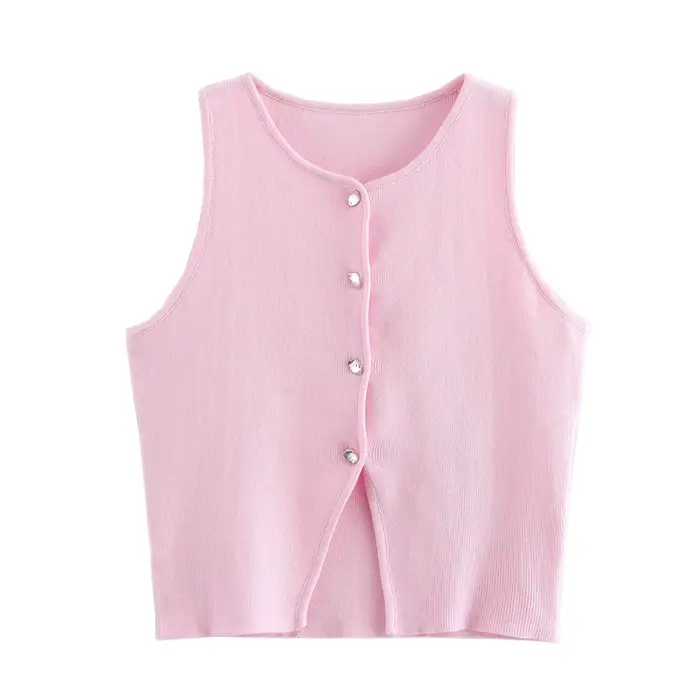 MUJER rose tricot sans manches gilet femmes recadrée pull gilet haut femmes jaune bouton gilets femm