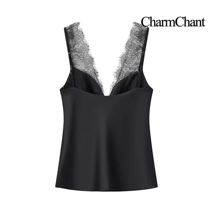 CharmChant noir Satin dentelle col en v Camisole haut pour femmes recadrée Y2k Harajuku mode élégante chemise sans manches Blouse femme