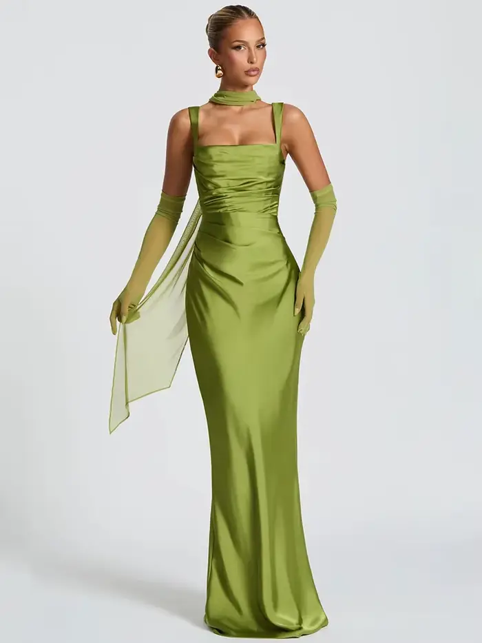 Robe longue en Satin sans bretelles, élégante, Corset vert, dos nu, rose, soirée, anniversaire, mari