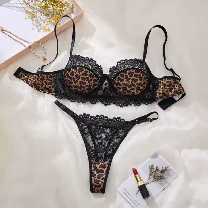Sexy leopardový set čiernej farby - Priesvitná podprsenka - Trendová dámska bielizeň - Exkluzívne intímne oblečenie ZA825182