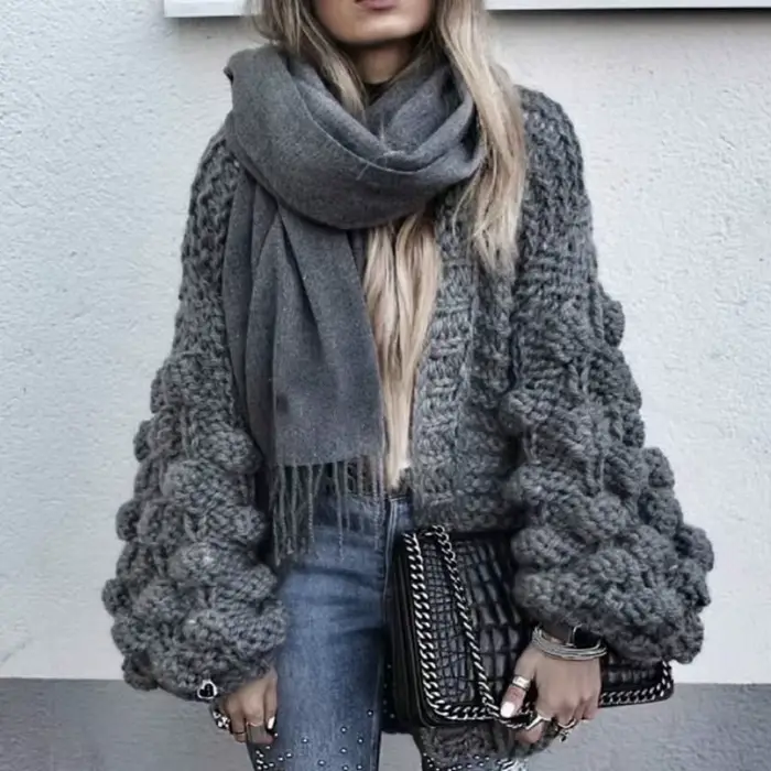 Štýlový hrubý háčkovaný cardigan