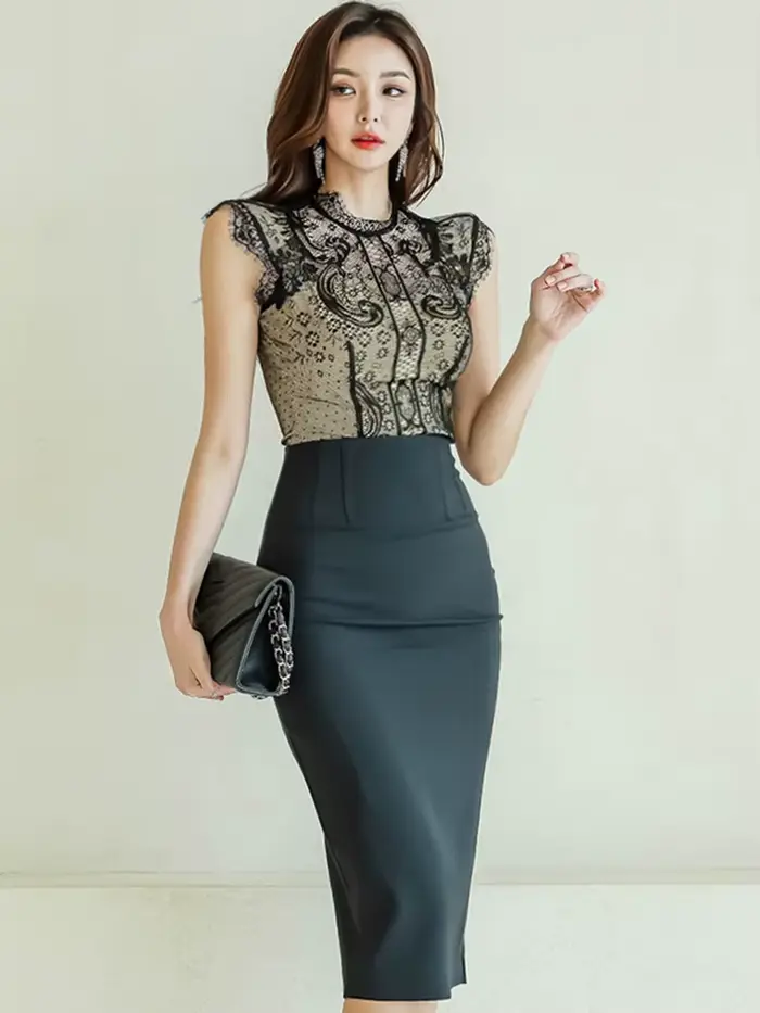 Robe en dentelle noire pour femme, tenue de bureau élégante, version coréenne, col montant, taille h