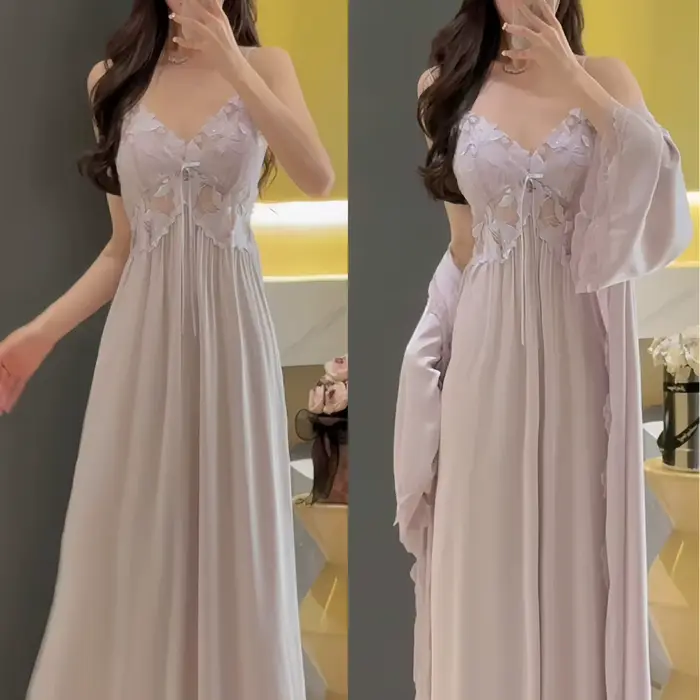 Dámske dlhé šaty Set, nočná košeľa Elegantný hodvábny satén, Nočné a vnútorné oblečenie, Sexy čipka spodná bielizeň, Relaxačný outfit