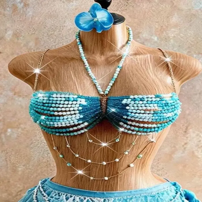Korálky telo reťaz multicolor neba modrá a biela pre ženy, podprsenka štýl, pre pláž, leto, bikiny, orezať top, sexy večerné oblečenie