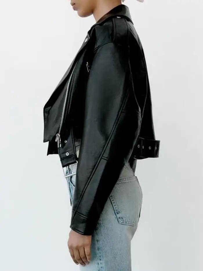 Ailegogo printemps automne femmes Faux cuir Pu veste courte avec ceinture moto motard femme fermetur