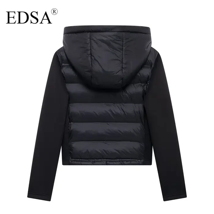 EDSA Veste rembourrée noire pour femme, capuche réglable avec bouchons, col haut, manches longues, p